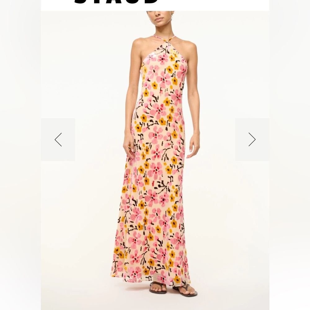 STAUD Pink Floral Halter Maxi Dress with Yellow and Black Accents